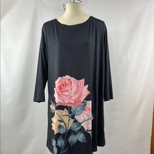 Nanu Artsy Black Tunic Dress with‎ Rose Floral Design with Bell Sleeves Size XL